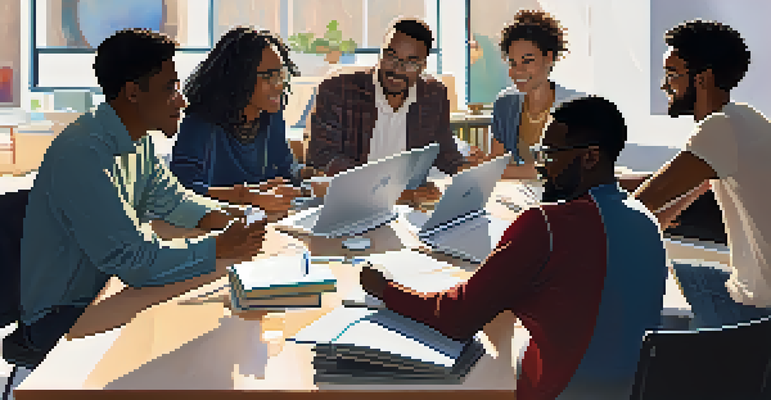A diverse group of people discussing ideas around a table in a bright room.