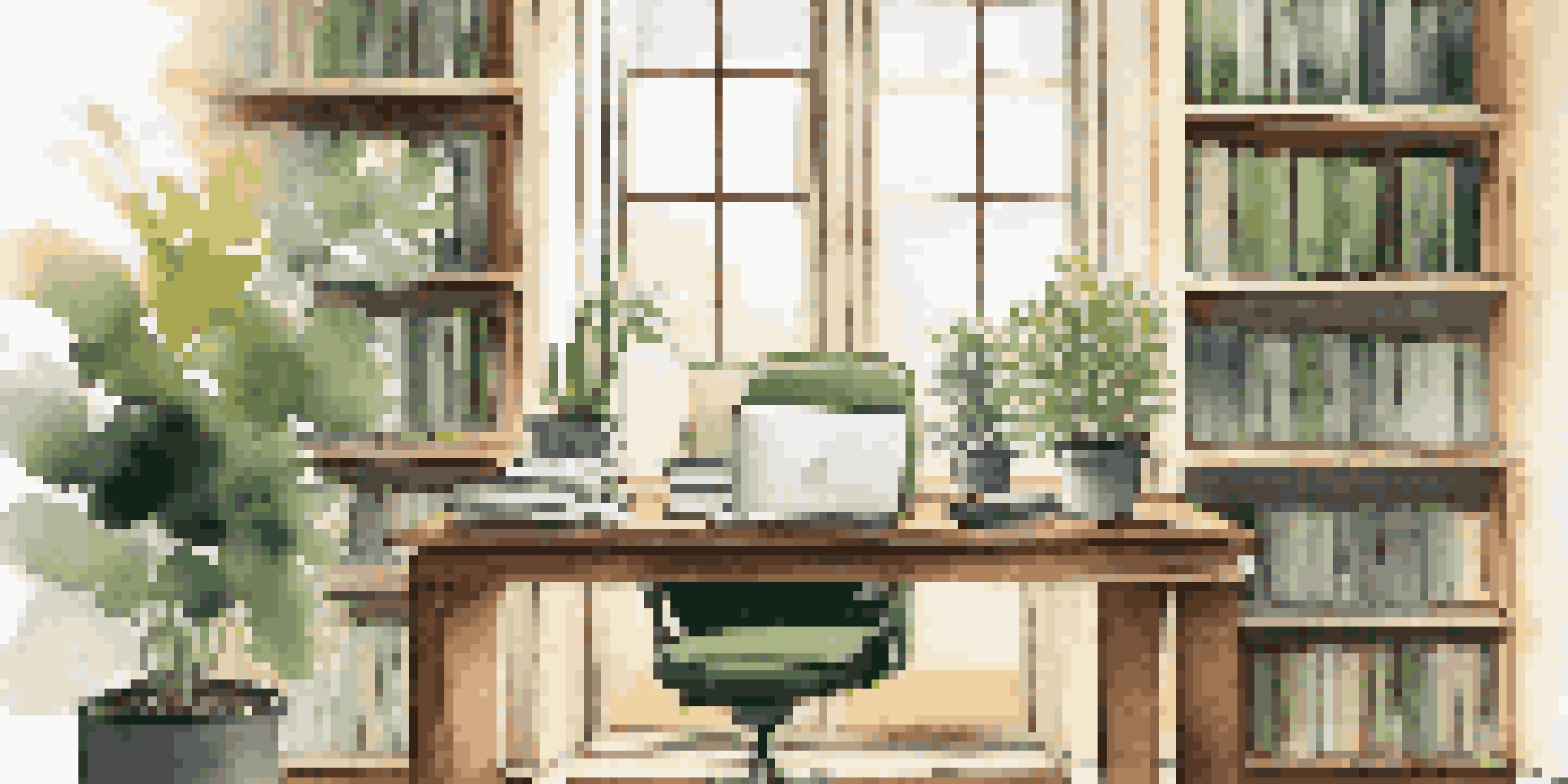 A bright and organized workspace with a laptop, business books, and a potted plant, symbolizing preparation for negotiation.