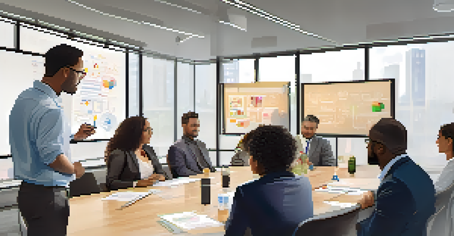 Diverse professionals networking at a certification workshop in a modern conference room, engaged in conversation with a whiteboard in the background.