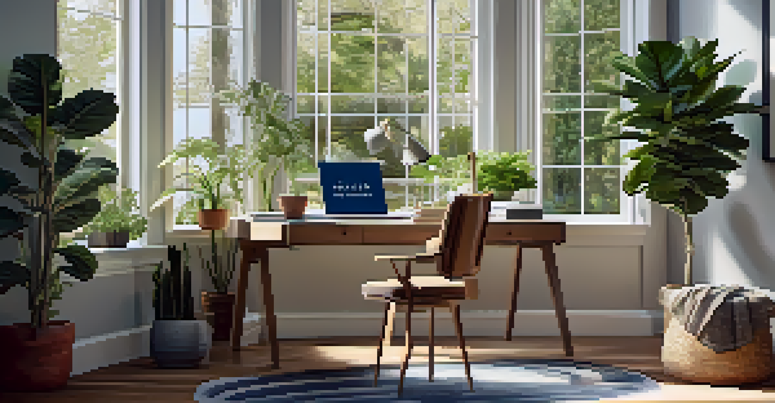 A cozy home office with a desk and laptop, overlooking a peaceful garden. Sunlight filters through the window, creating a calm and organized workspace that emphasizes work-life balance.