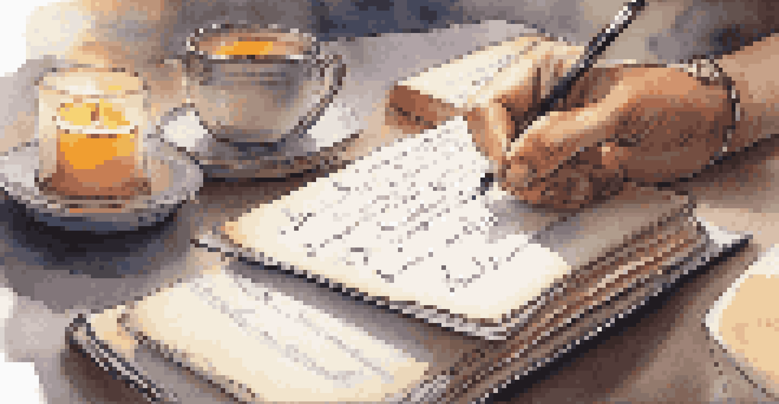 A close-up of a hand writing in a success journal with a cozy background of candles and tea.