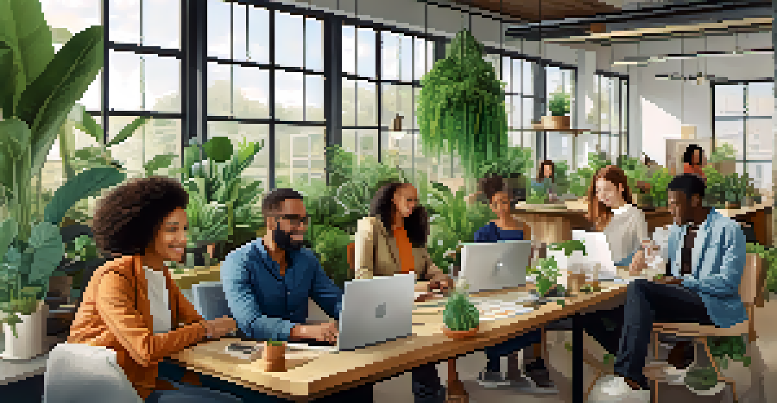 A diverse team of people working together in a sustainable office environment filled with plants.