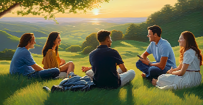 A diverse group of friends sitting on a grassy hill at sunset, engaged in conversation, showing support and camaraderie.