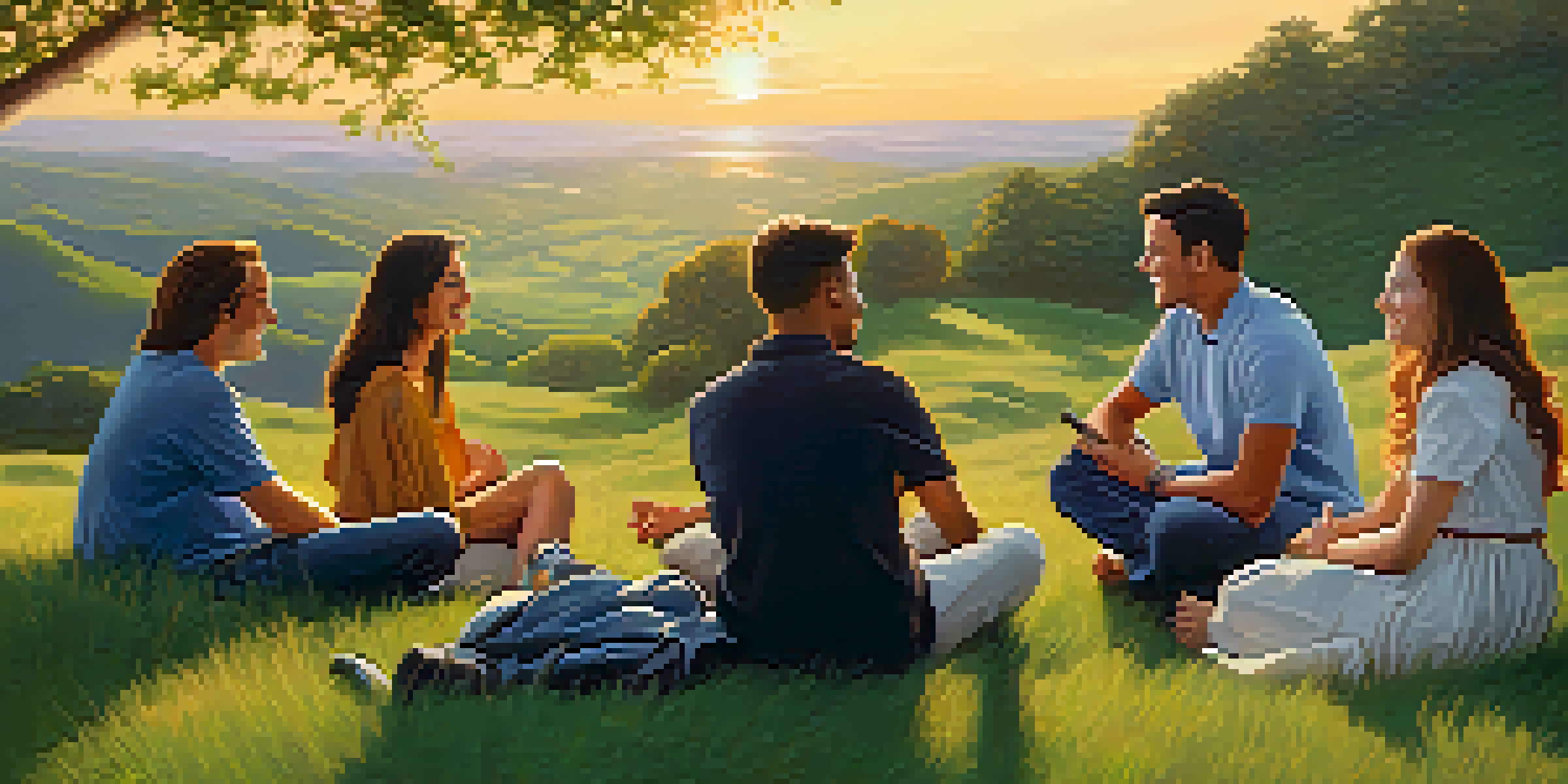 A diverse group of friends sitting on a grassy hill at sunset, engaged in conversation, showing support and camaraderie.