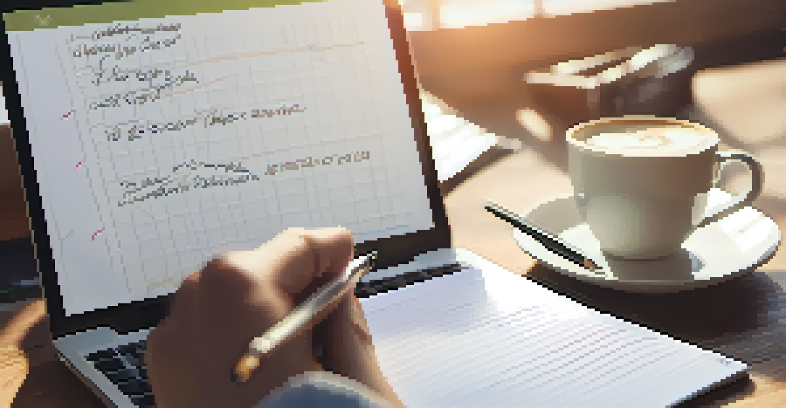 A close-up of a hand writing SMART goals on a notepad, with a coffee cup and a laptop blurred in the background.