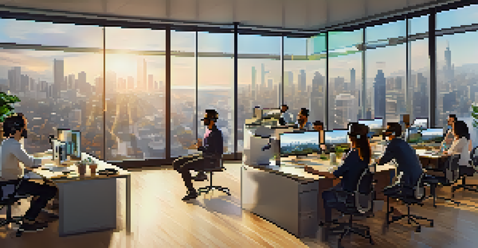 A diverse group of employees in a bright virtual reality office, collaborating using VR headsets and interacting with 3D models.