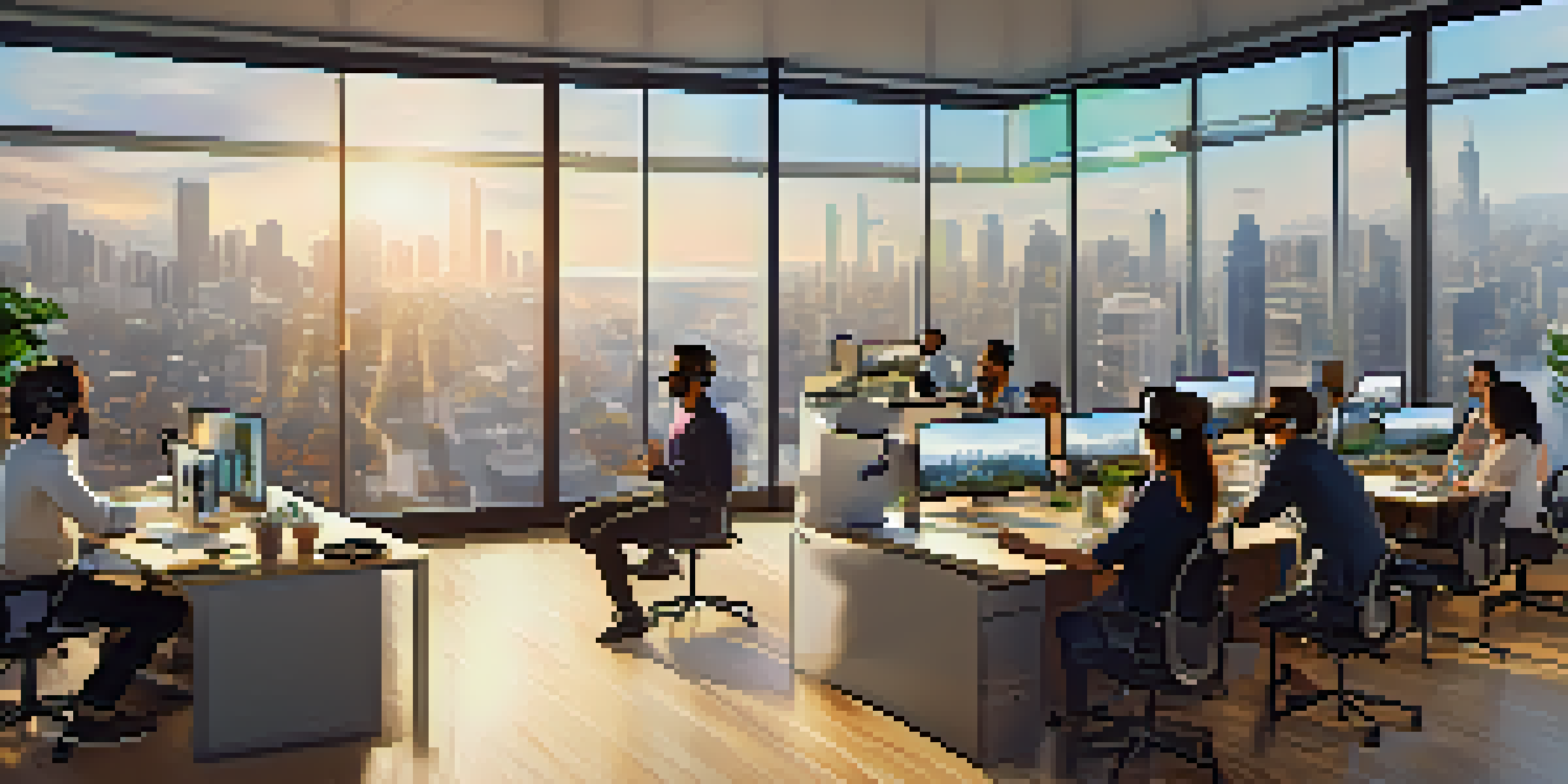 A diverse group of employees in a bright virtual reality office, collaborating using VR headsets and interacting with 3D models.