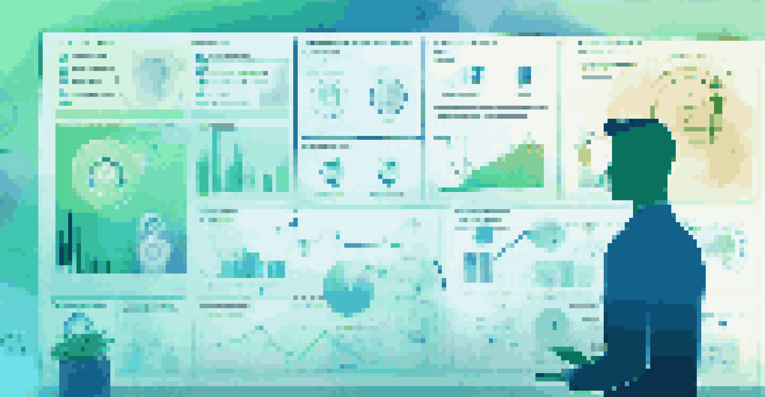 An abstract digital dashboard with analytics and icons representing skills, against a blue-green gradient background.