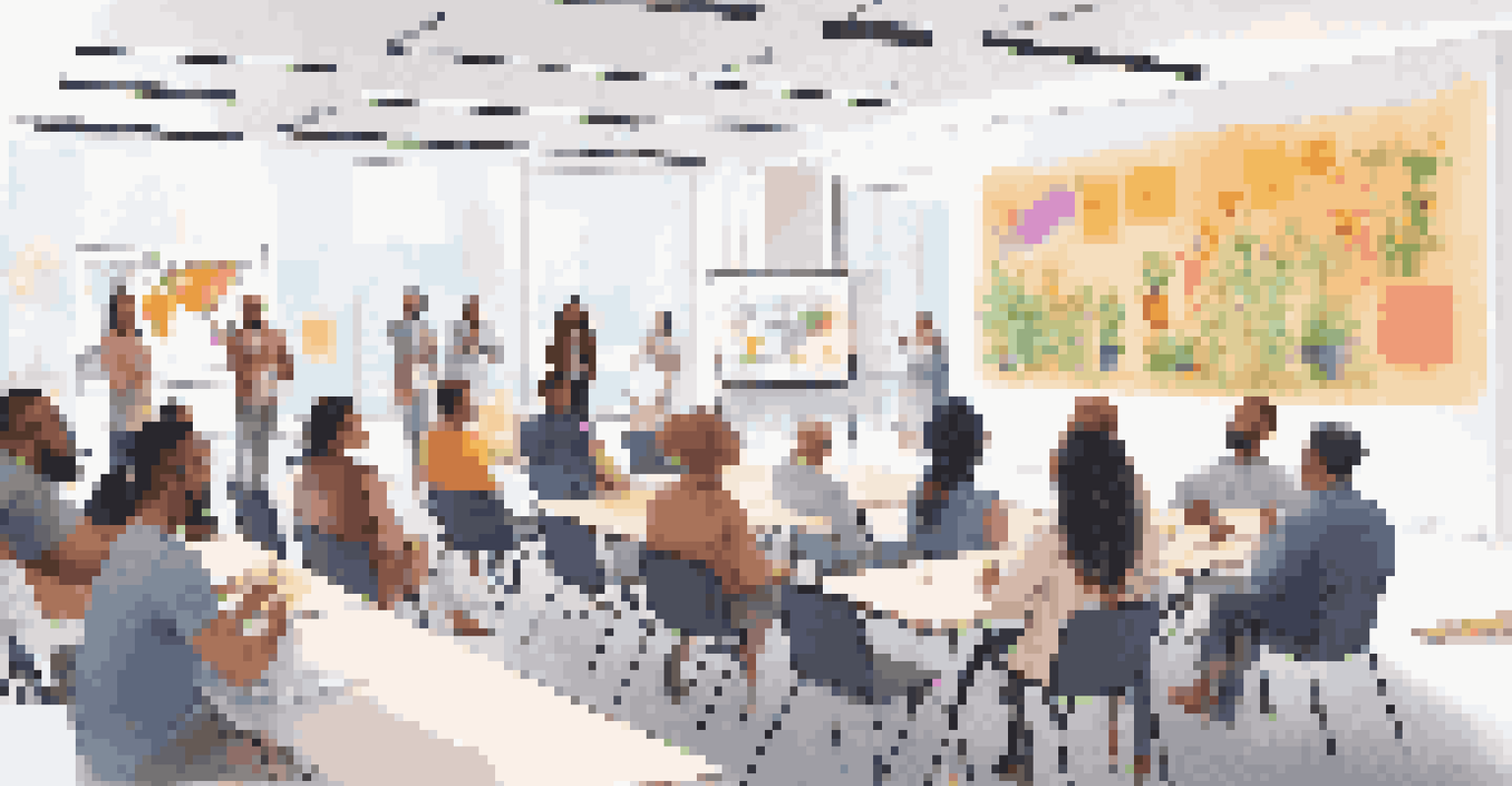A diversity awareness workshop with a facilitator presenting to a diverse audience in a modern office, featuring colorful notes on a whiteboard and a vibrant, engaging atmosphere.
