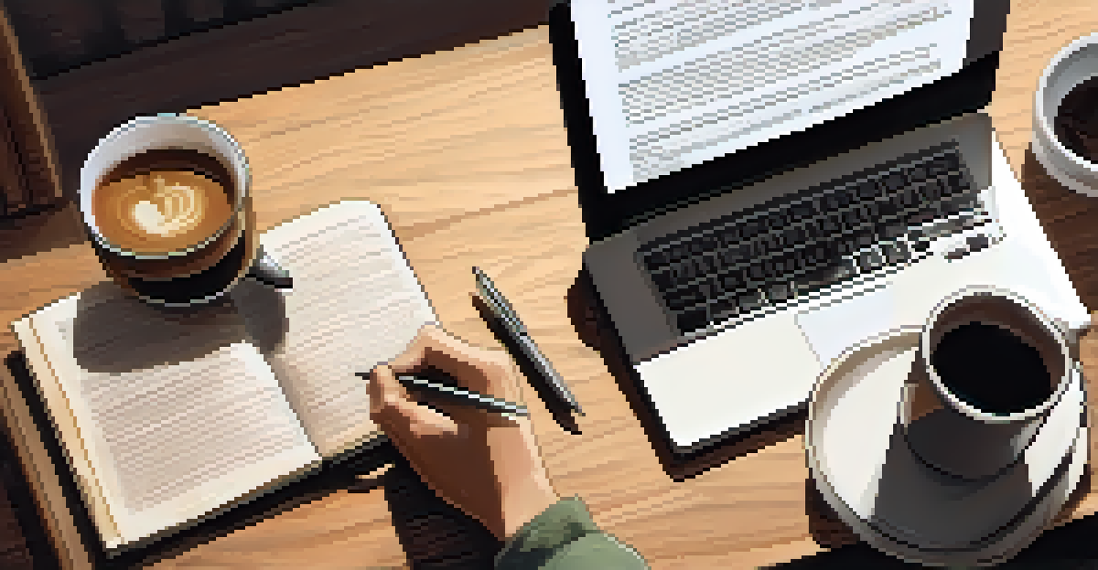 Close-up of hands typing on a laptop next to a notebook and coffee cup, with a document titled 'Ethical Workplace Policies' on screen.