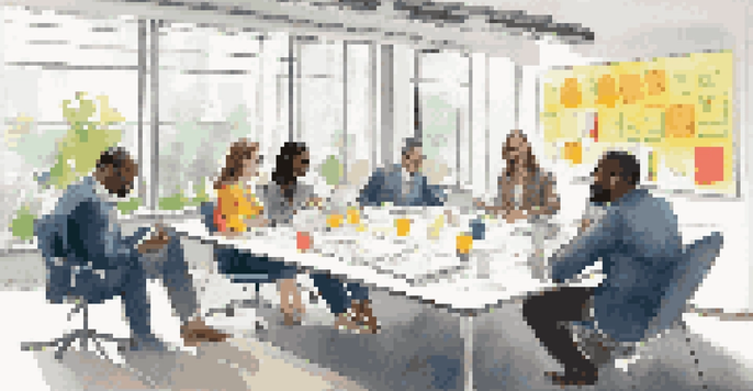 A diverse group of professionals in a brainstorming session, actively listening and sharing ideas around a conference table.