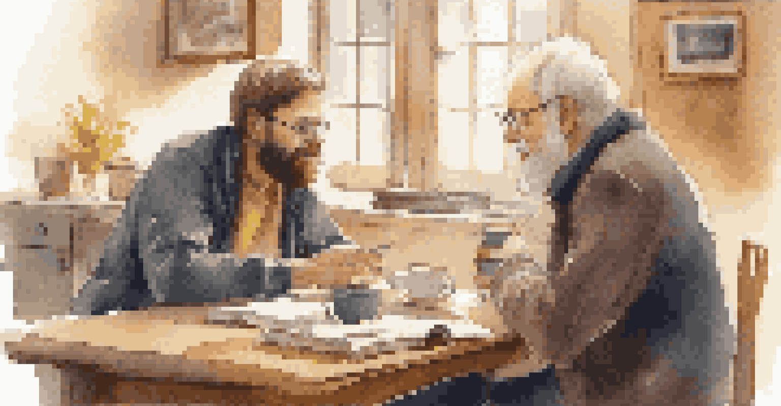 A mentor and mentee sharing ideas over coffee at a table filled with notebooks and a laptop in a cozy indoor setting.