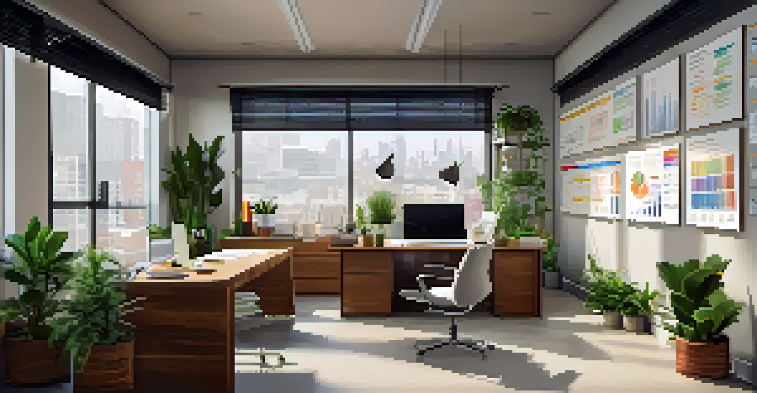 A modern office workspace with a desk, laptop, market research documents, and a whiteboard with graphs.