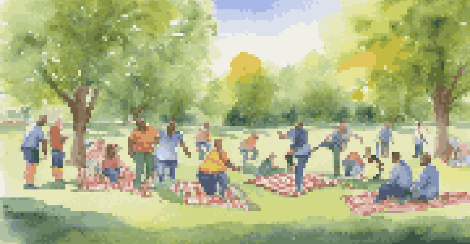 A team-building exercise in a park with employees engaging in cooperative activities under a clear blue sky, surrounded by green trees.
