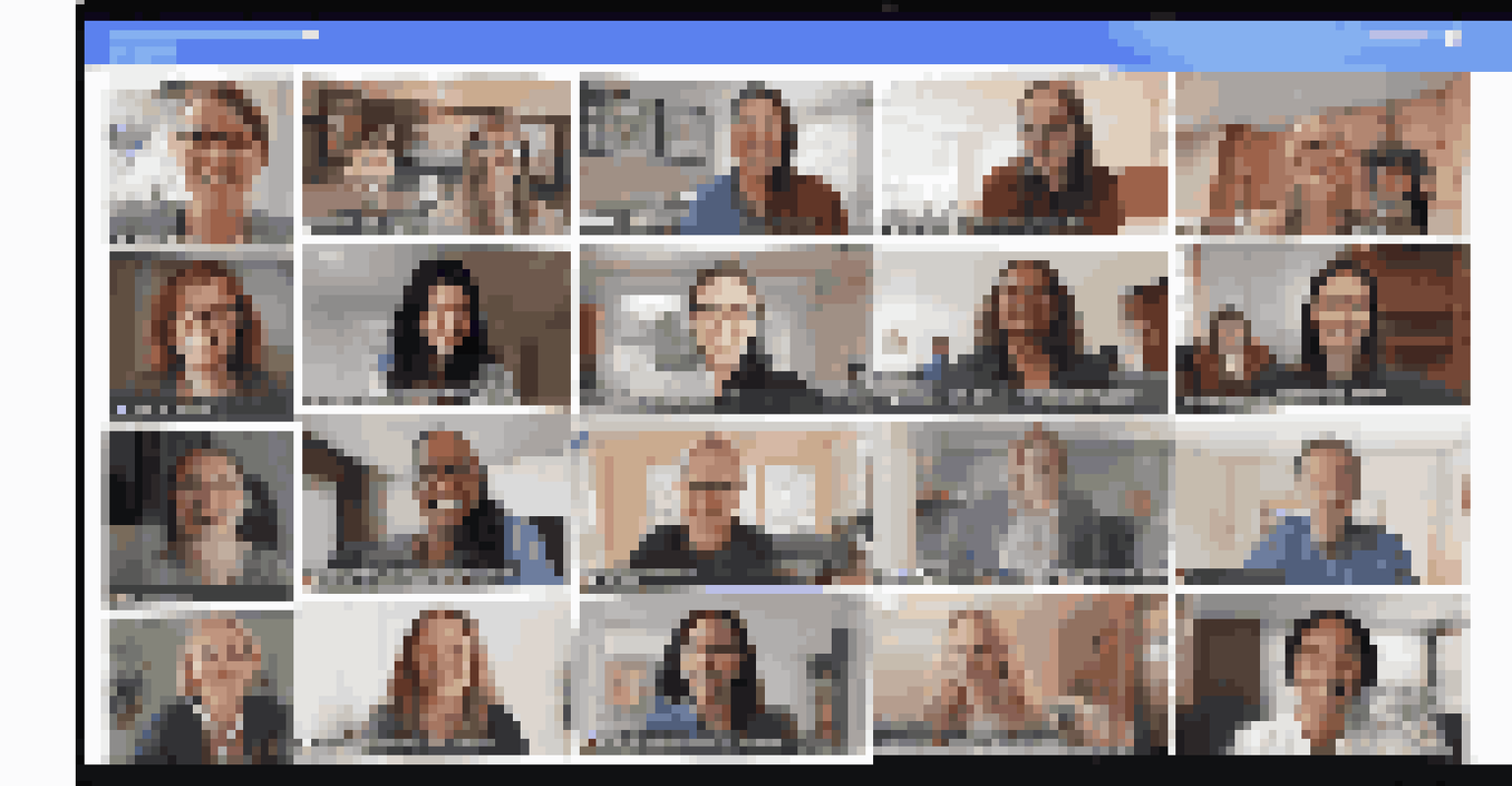 A virtual team meeting with participants from different locations displayed on a large screen.