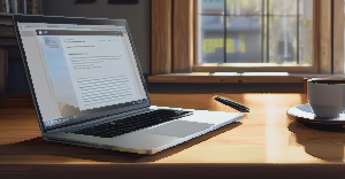 A laptop on a wooden desk with an open email application showing a follow-up email draft, a coffee cup, and a notepad with a pen, illuminated by soft natural light.