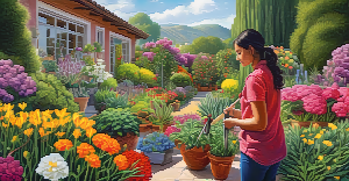 A person pruning plants in a colorful garden, symbolizing personal growth and career aspirations.