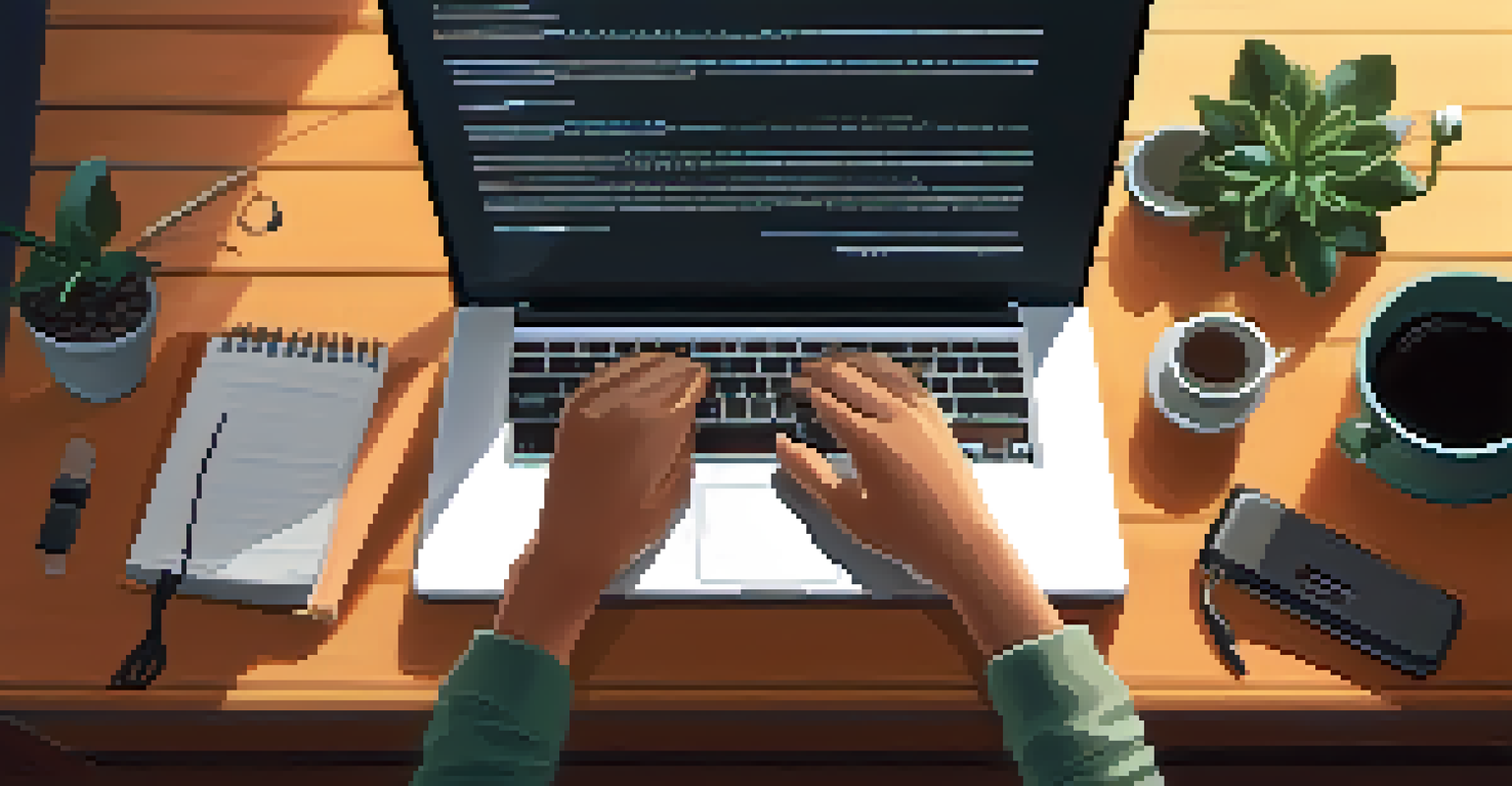 Close-up of hands typing on a laptop with a coffee cup and notepad, in a cozy home office setting.