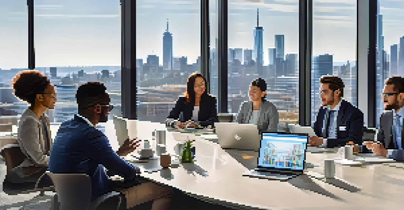 A diverse group of professionals discussing ideas at a conference table, with a city skyline visible through large windows.
