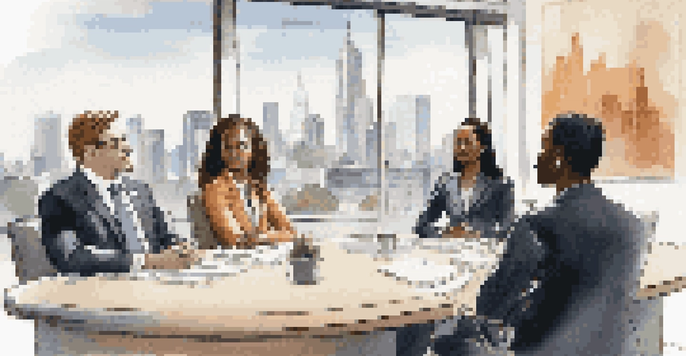 A diverse group of job candidates in a well-lit office participating in a roundtable interview, showcasing communication and teamwork.