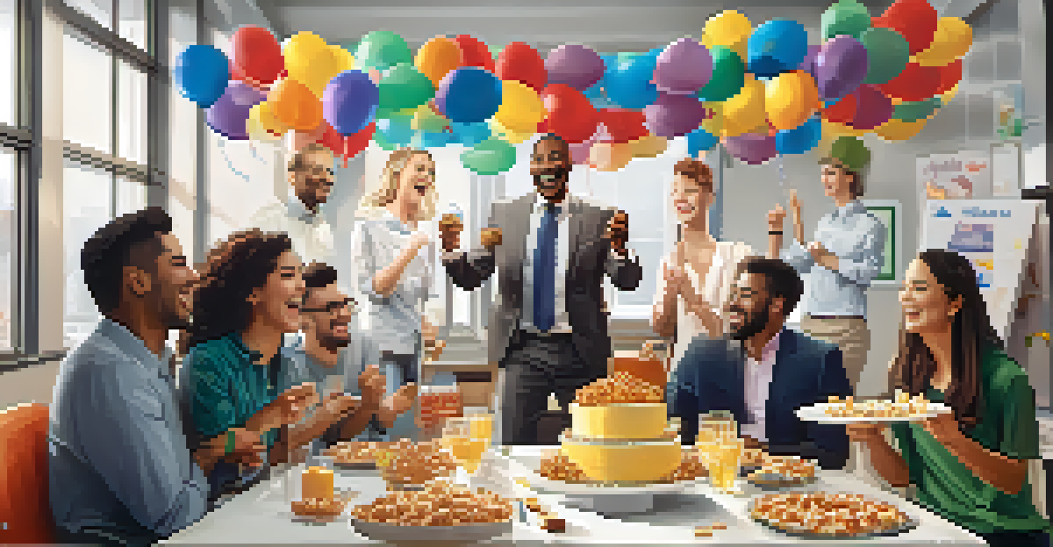 A team celebrating project completion in an office with snacks, a cake, and decorations, showcasing joy and teamwork.