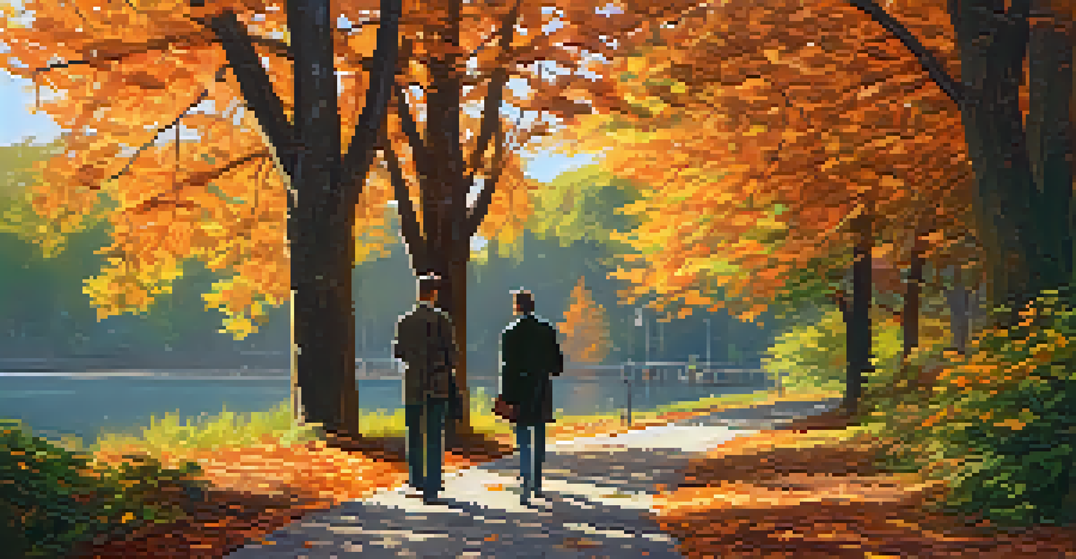 A mentor and mentee walking in a park, discussing career strategies amidst beautiful autumn trees.