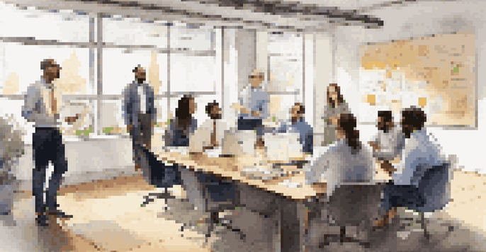 A diverse group of employees having a collaborative meeting in a professional office setting, discussing a job description on a laptop.