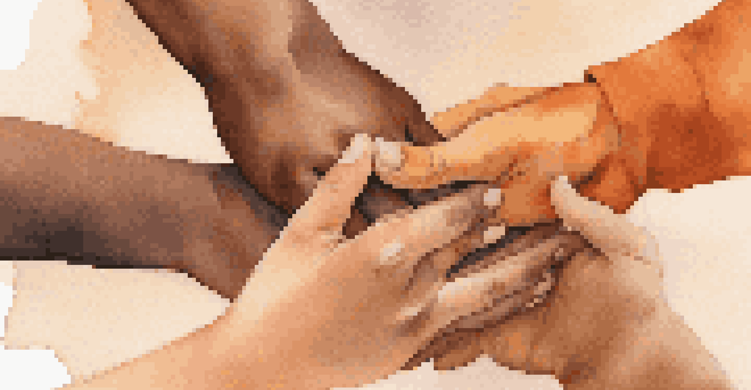 Close-up of hands of different skin tones intertwined, symbolizing unity and diversity against a warm, softly blurred background.