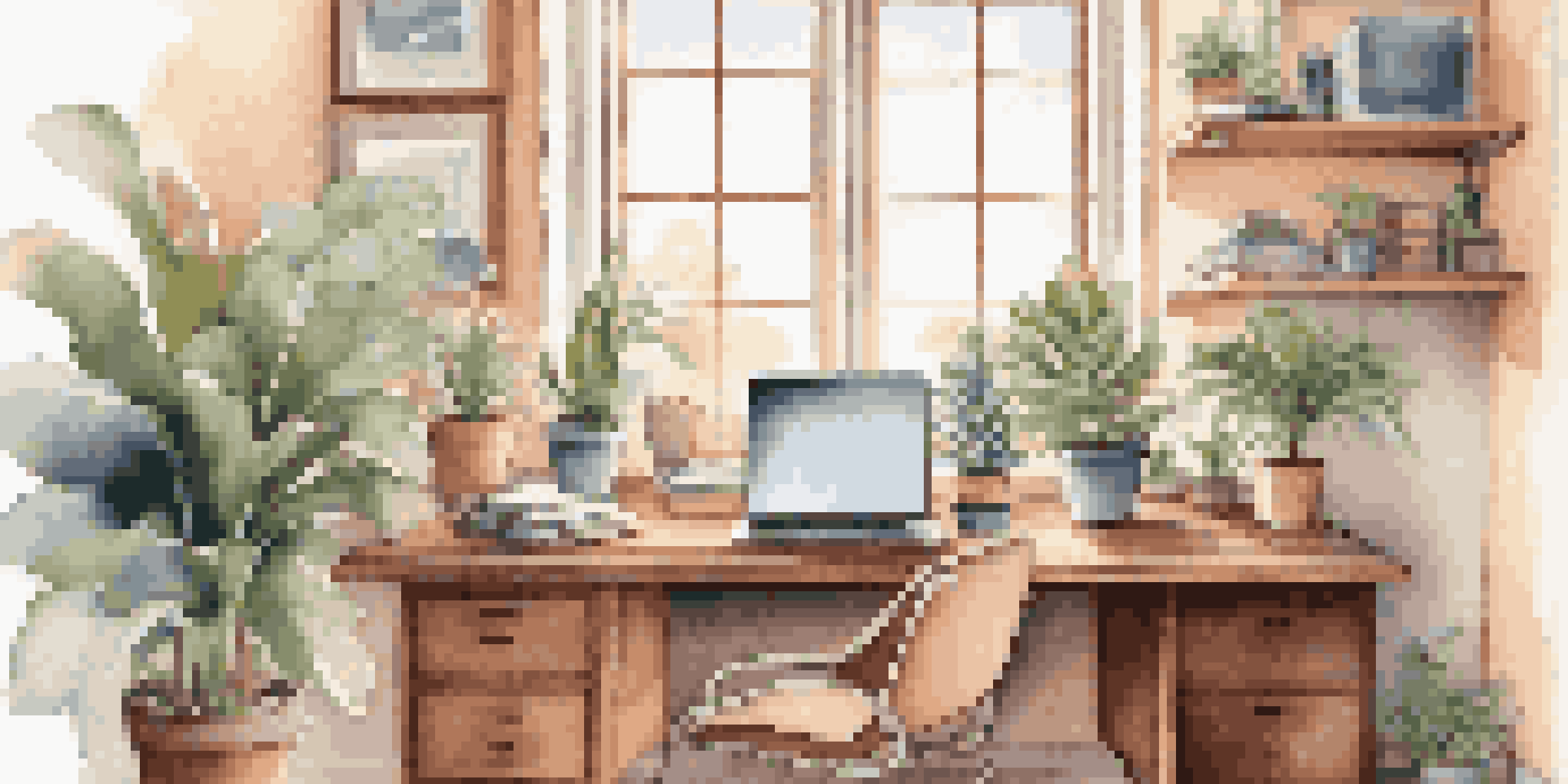 A warm and inviting home office with a wooden desk, laptop, coffee cup, and houseplants illuminated by natural light from a large window.