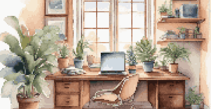 A warm and inviting home office with a wooden desk, laptop, coffee cup, and houseplants illuminated by natural light from a large window.