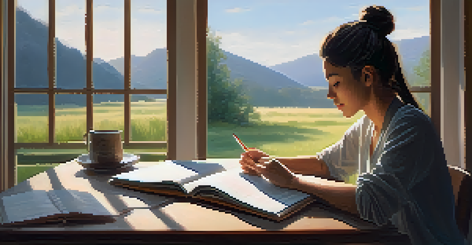 A peaceful workspace with a desk, journal, and a cup of tea, creating a tranquil atmosphere.