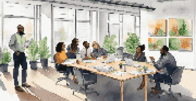 A group of diverse professionals collaborating in a bright and modern office, smiling and sharing ideas around a conference table.