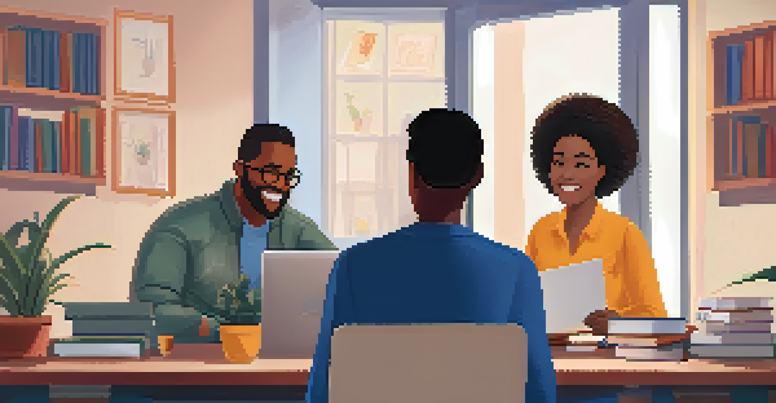 An online mentorship meeting via video call, featuring a mentor offering advice and a mentee taking notes in their respective home offices.