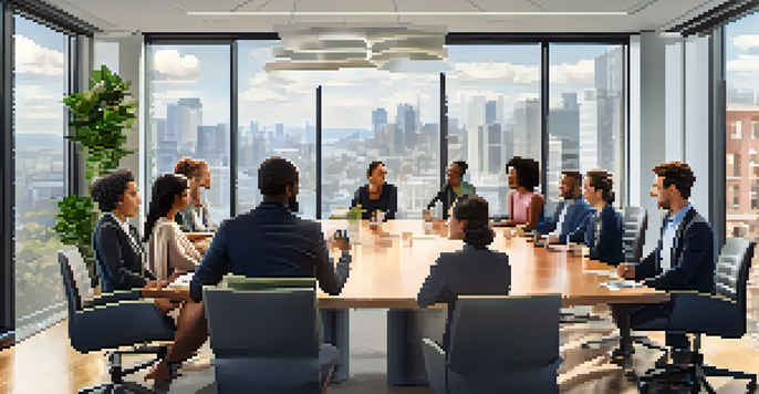 A diverse group of professionals collaborating in a bright conference room, displaying empathy and active listening during a discussion.