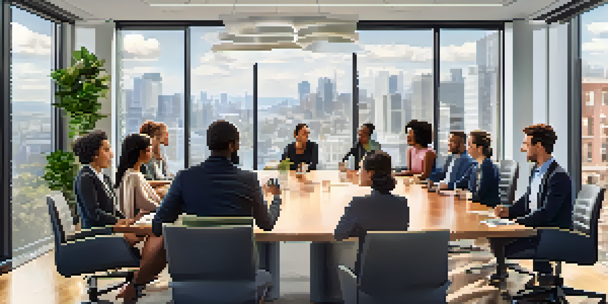 A diverse group of professionals collaborating in a bright conference room, displaying empathy and active listening during a discussion.
