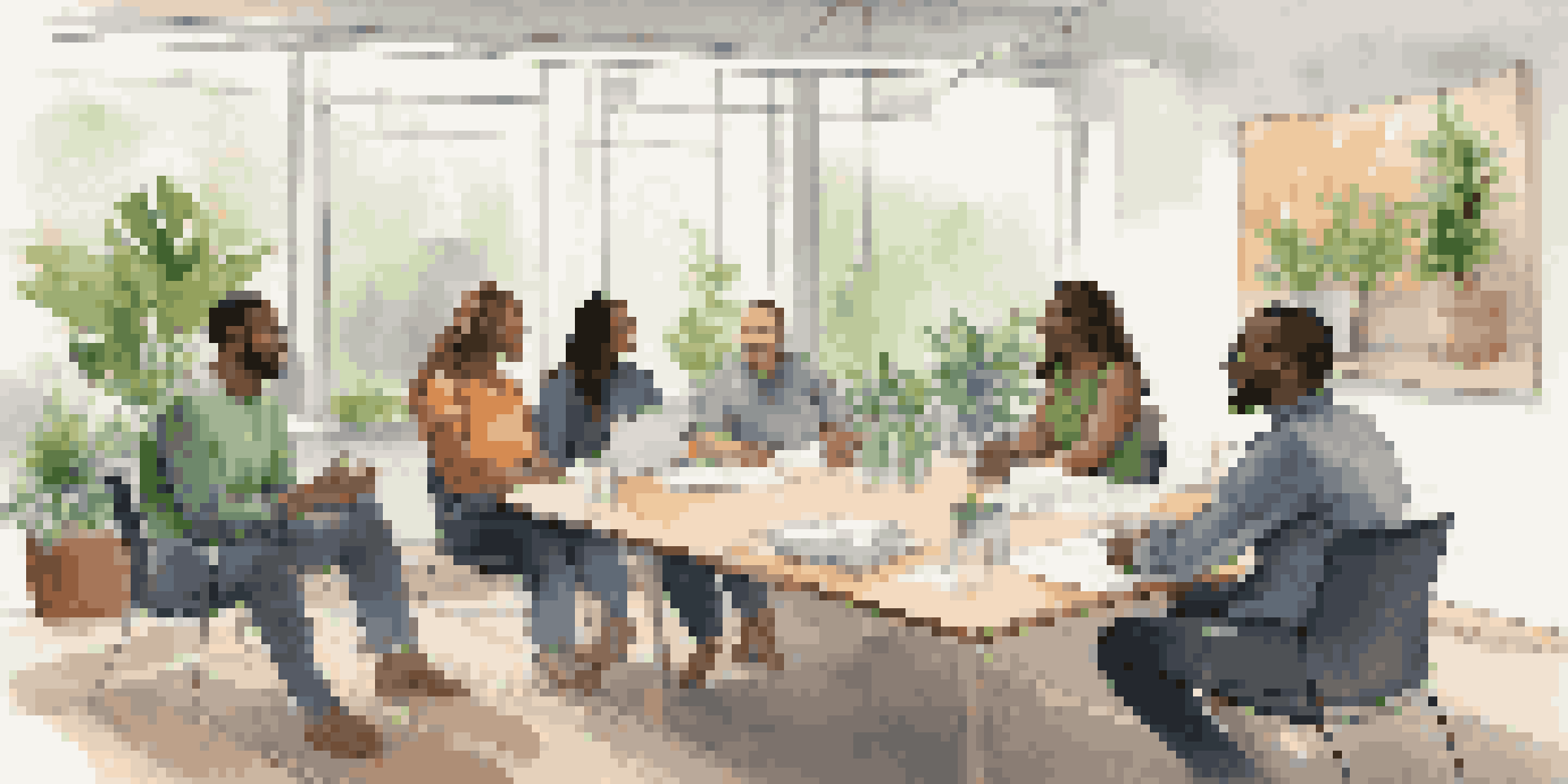 A diverse group of people in a bright meeting room discussing safety protocols, with a flip chart in the background.