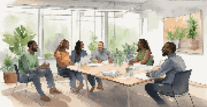 A diverse group of people in a bright meeting room discussing safety protocols, with a flip chart in the background.