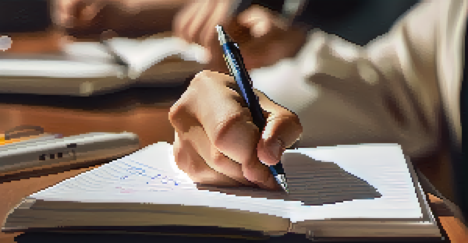 A close-up of a hand writing notes in a notebook during a mentorship meeting, with a pen and a smartphone displaying LinkedIn in the background.