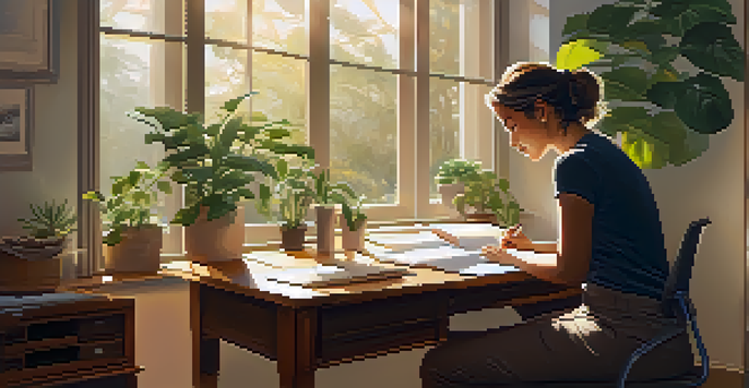 An office scene with a person practicing mindfulness at their desk, surrounded by sunlight and greenery.