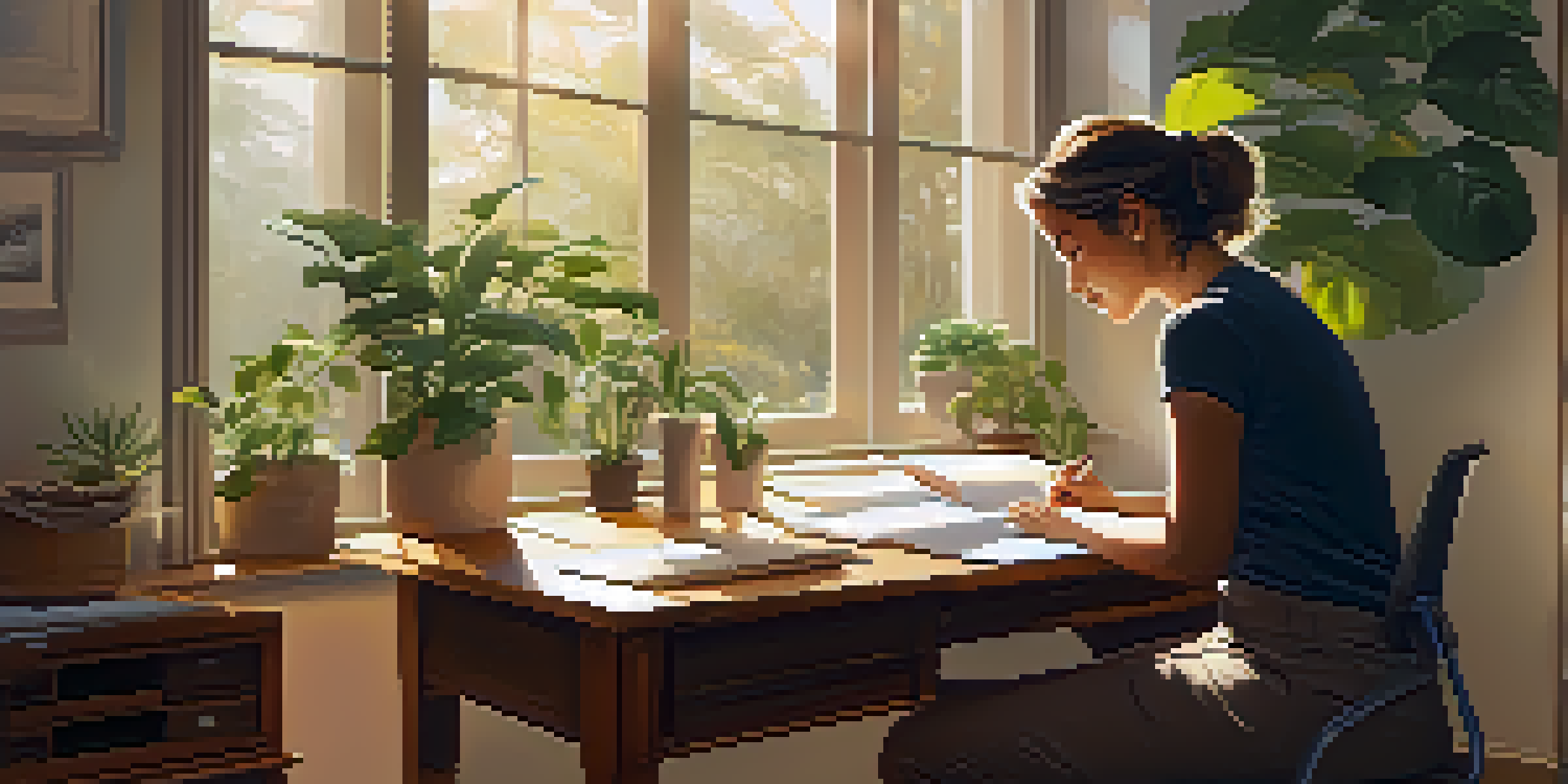 An office scene with a person practicing mindfulness at their desk, surrounded by sunlight and greenery.