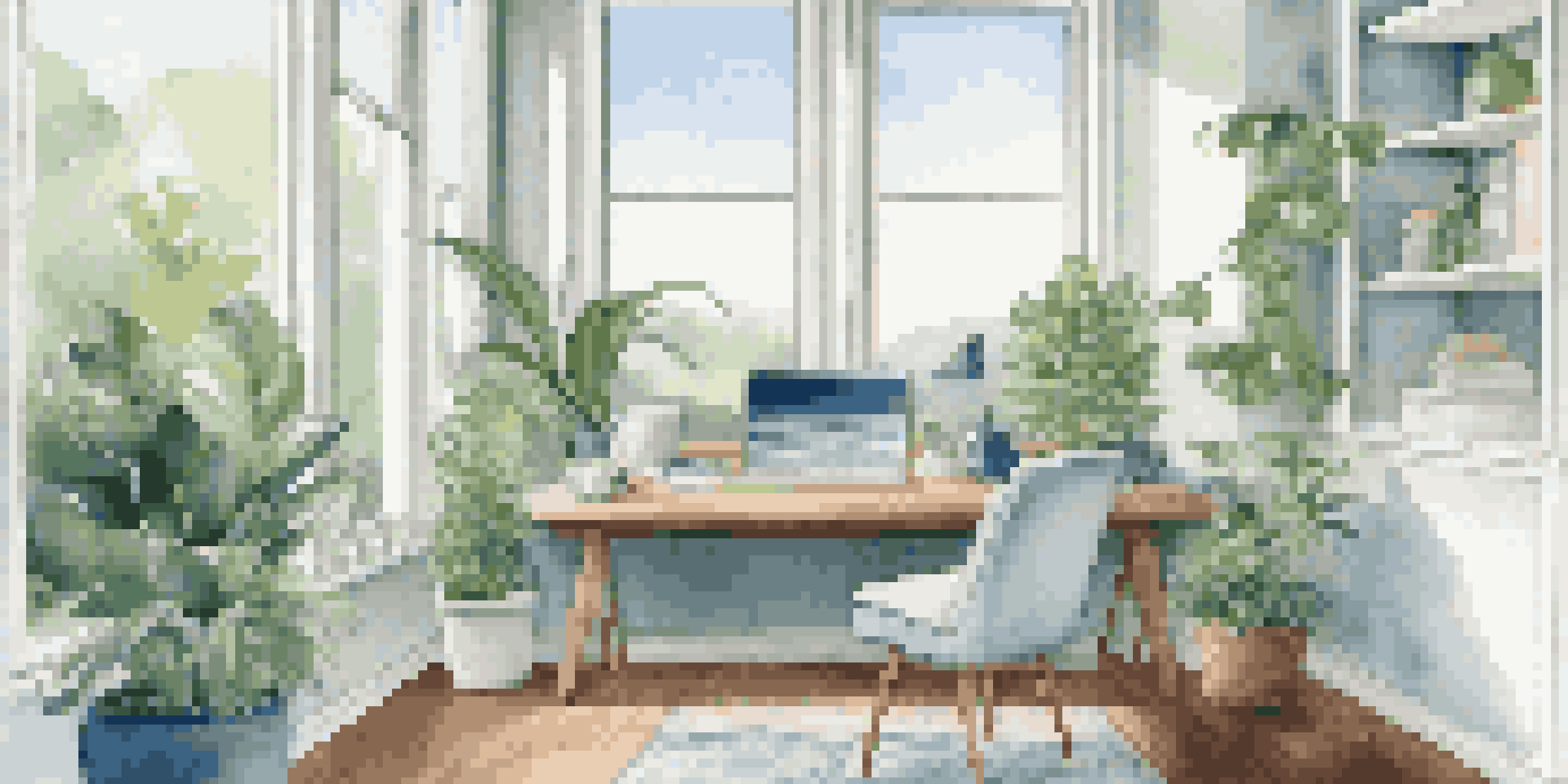 A bright and tidy office space with a desk, laptop, and plants, illuminated by natural light from large windows.