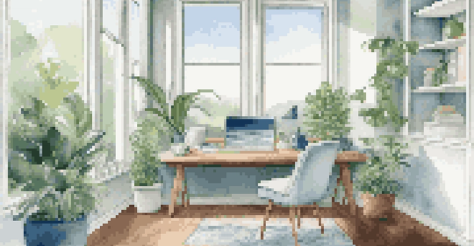 A bright and tidy office space with a desk, laptop, and plants, illuminated by natural light from large windows.