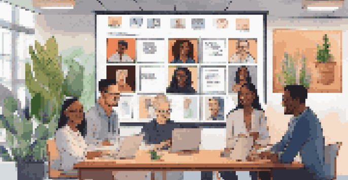 A virtual meeting with diverse professionals from various cultural backgrounds, smiling and engaging in discussion.