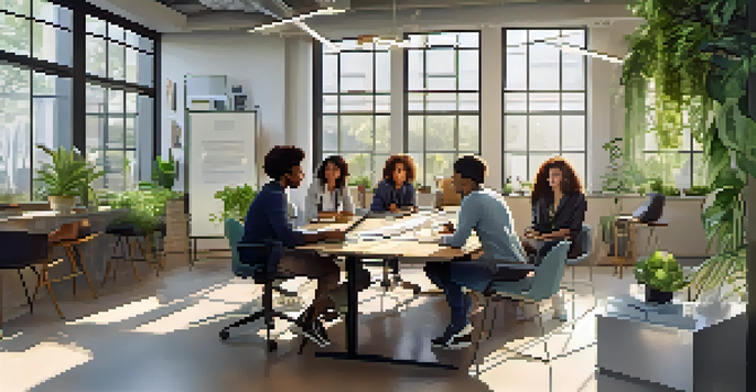 A diverse group of young professionals in a bright office discussing ideas around a table with laptops and notepads.