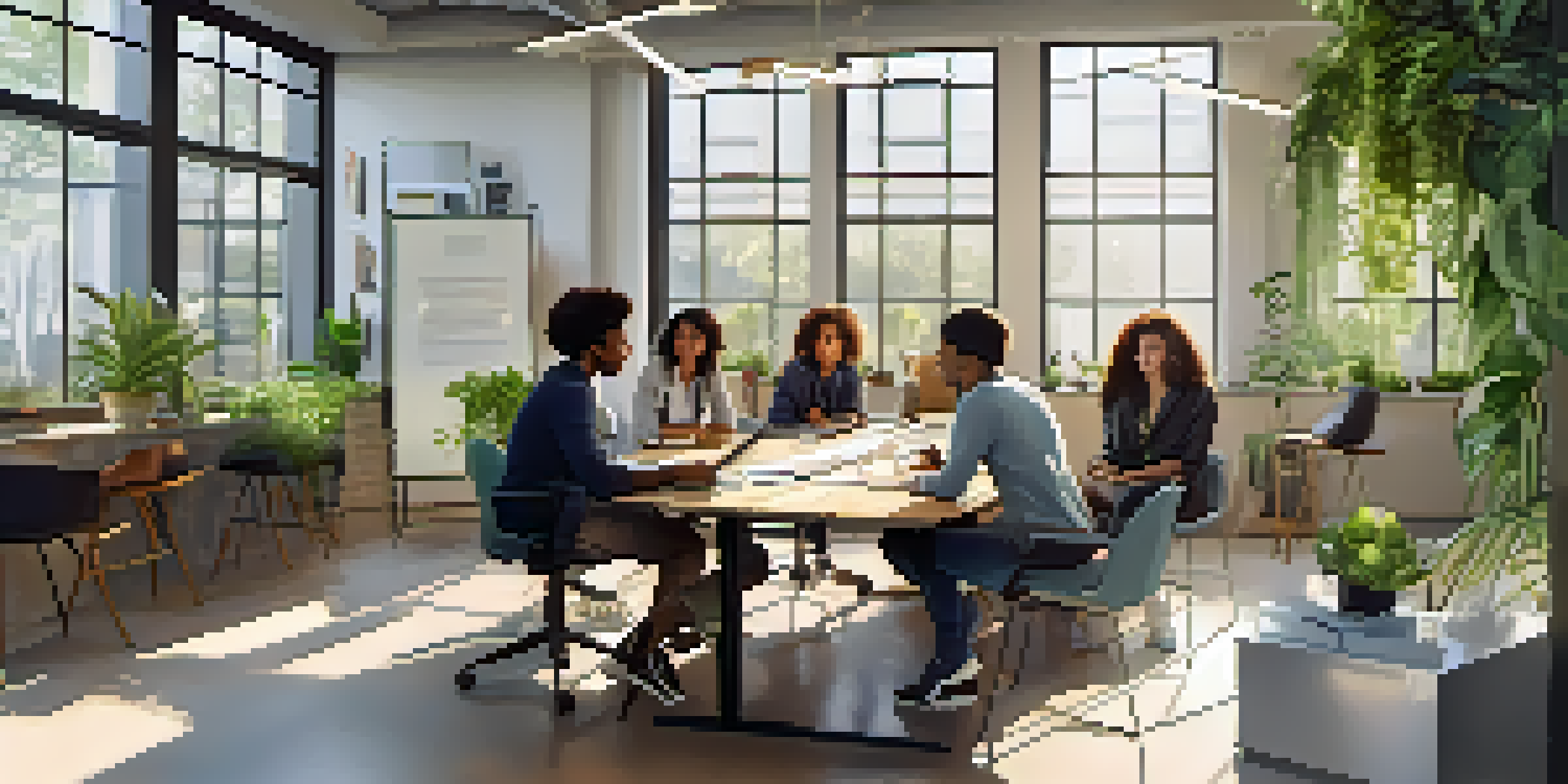 A diverse group of young professionals in a bright office discussing ideas around a table with laptops and notepads.