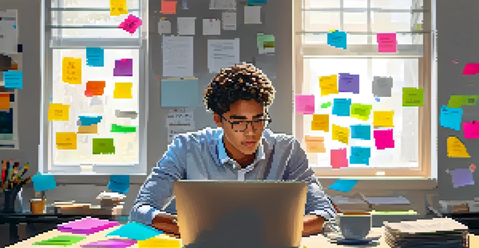 A young intern working at a desk in an office, focused on their laptop with sticky notes and a coffee cup around them, with soft natural light illuminating the scene.