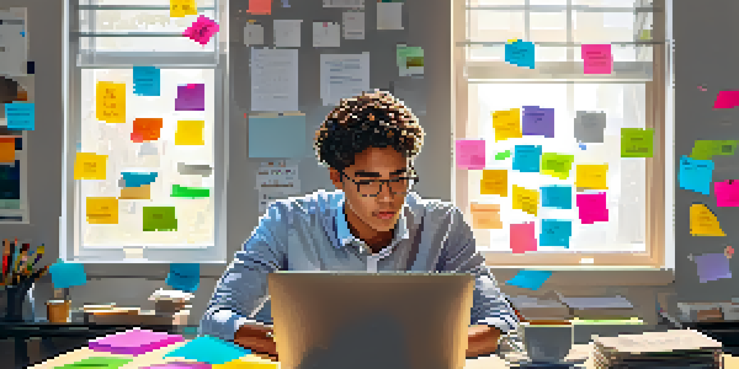 A young intern working at a desk in an office, focused on their laptop with sticky notes and a coffee cup around them, with soft natural light illuminating the scene.
