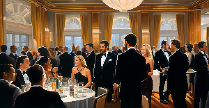 A group of professionals in business formal attire networking at an elegant event, with various individuals engaged in conversation.