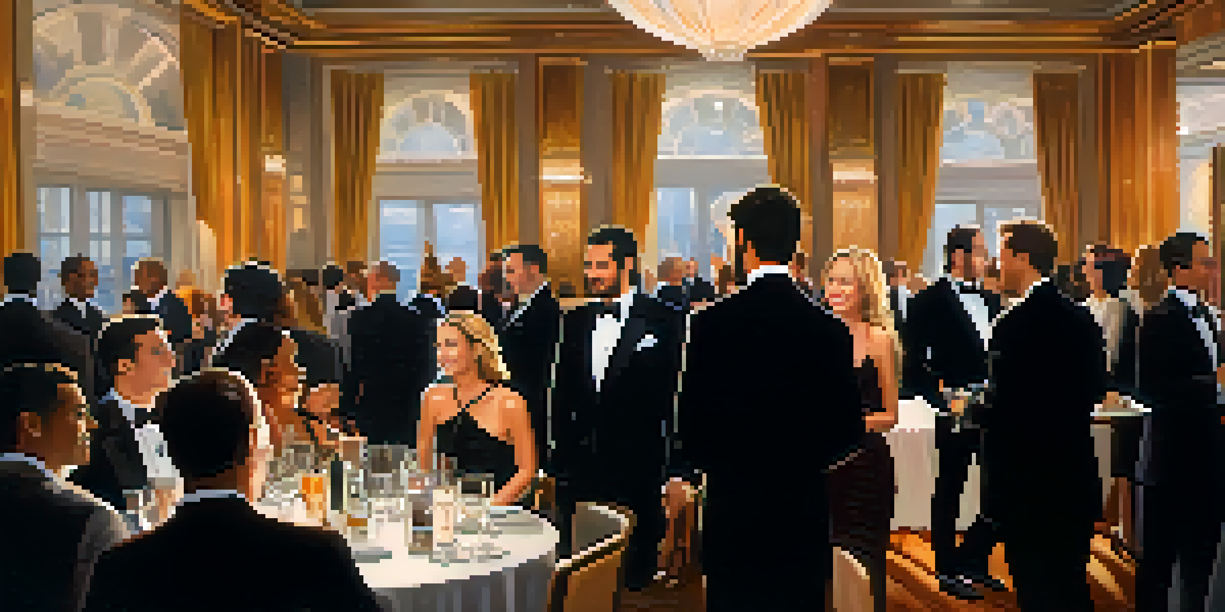 A group of professionals in business formal attire networking at an elegant event, with various individuals engaged in conversation.