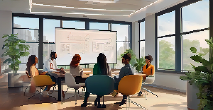 A diverse group of professionals in a bright office meeting, demonstrating teamwork and emotional intelligence.